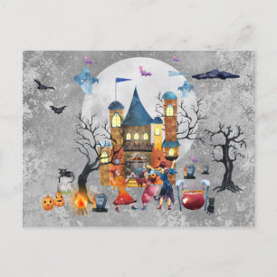 Halloween Heks Feest Gehekst Huis Waterverf  Briefkaart