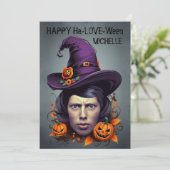 Halloween heks gezicht in gat groeten kaart (Staand voorkant)