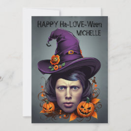 Halloween heks gezicht in gat groeten kaart