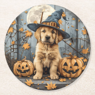 Halloween Heks Golden Retriever Puppy Pompoenen Ronde Kartonnen Onderzetter