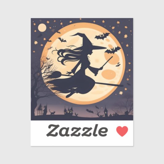 Halloween heks, heks en maan, heks vliegen sticker (Vel)