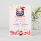 Halloween Heks Herfst Blush Roze Baby Meisje Douch Kaart (Staand voorkant)