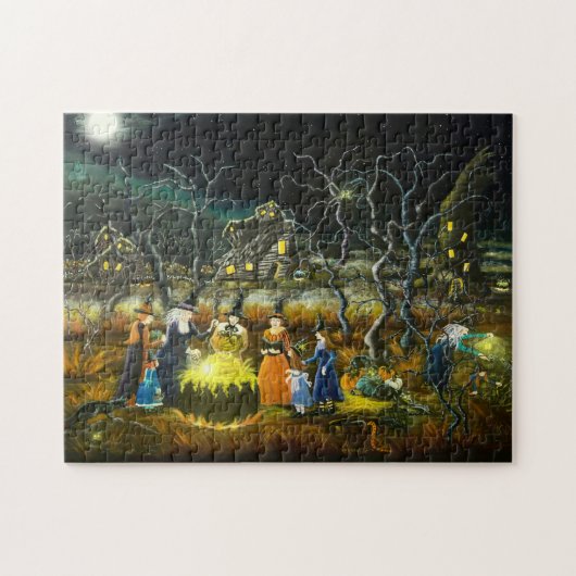 Halloween heks in een cauldron legpuzzel (Horizontaal)