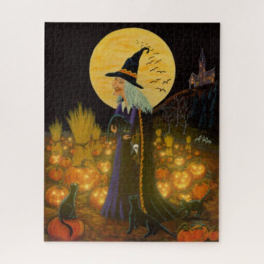 Halloween heks in een pompoenpleister puzzel (Verticaal)