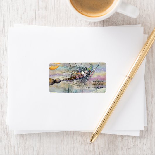 Halloween Heks in Flight Adresetiketten Etiket (Insitu)