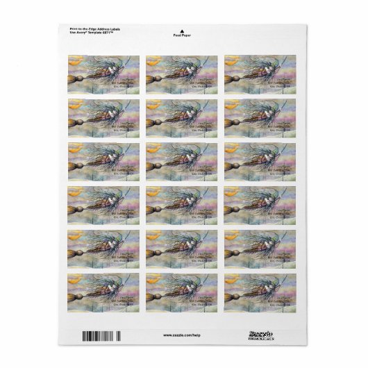 Halloween Heks in Flight Adresetiketten Etiket (Full Sheet)