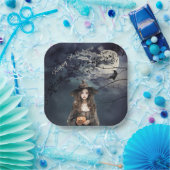 Halloween heks in het maanlicht papieren bordje (Feest)