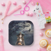 Halloween heks in het maanlicht papieren bordje (Feest)