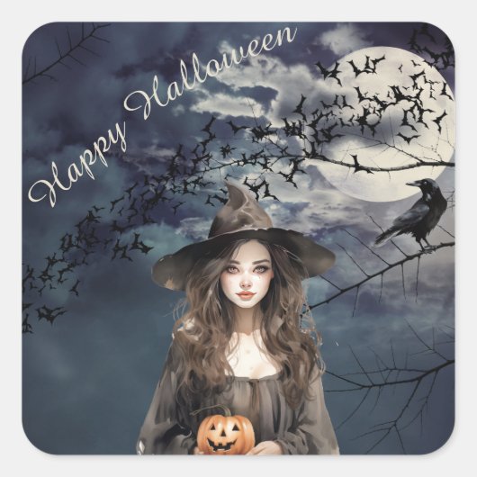 Halloween heks in het maanlicht vierkante sticker (Voorkant)