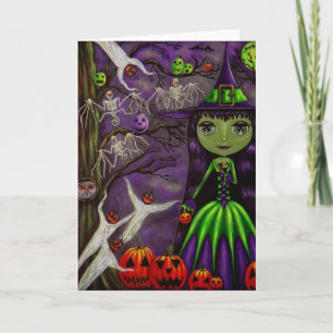 Halloween-heks in Paars en groen Kaart
