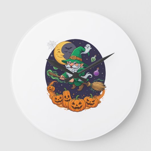 Halloween Heks Kabouter Bezem Pompoenen Maan Grote Klok (Voorkant)