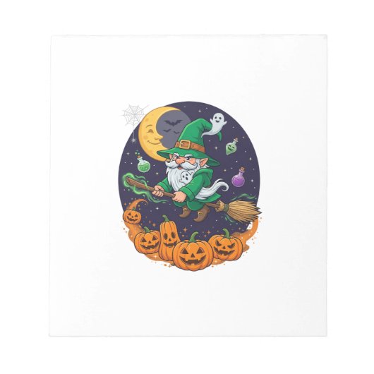 Halloween Heks Kabouter Bezem Pompoenen Maan Notitieblok (Voorkant)
