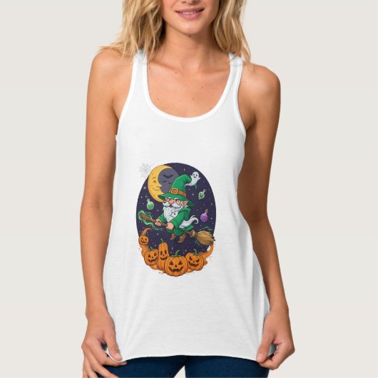 Halloween Heks Kabouter Bezem Pompoenen Maan Tanktop (Voorkant)