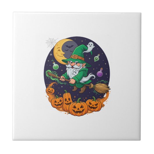 Halloween Heks Kabouter Bezem Pompoenen Maan Tegeltje (Voorkant)