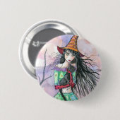 Halloween Heks Kat Knoop Speld Ronde Button 5,7 Cm (Voorkant /achterkant)