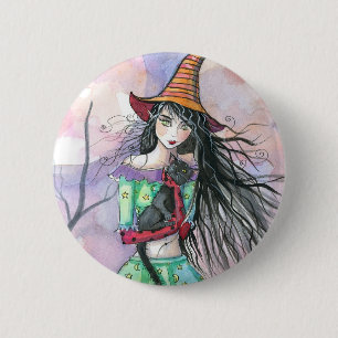 Halloween Heks Kat Knoop Speld Ronde Button 5,7 Cm