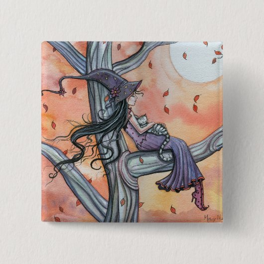 Halloween Heks Kat Knoop Speld Vierkante Button 5,1 Cm (Voorkant)