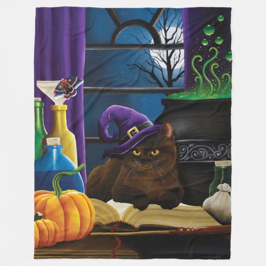 Halloween Heks Kat Paarse Magic Fleece Deken (Voorkant)