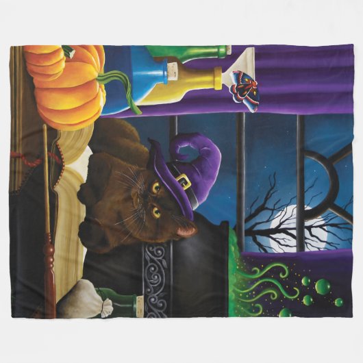 Halloween Heks Kat Paarse Magic Fleece Deken (Voorkant (Horizontaal))