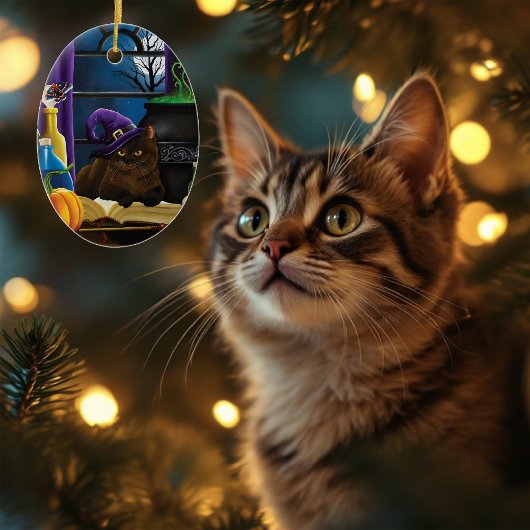 Halloween Heks Kat Paarse Magic Keramisch Ornament