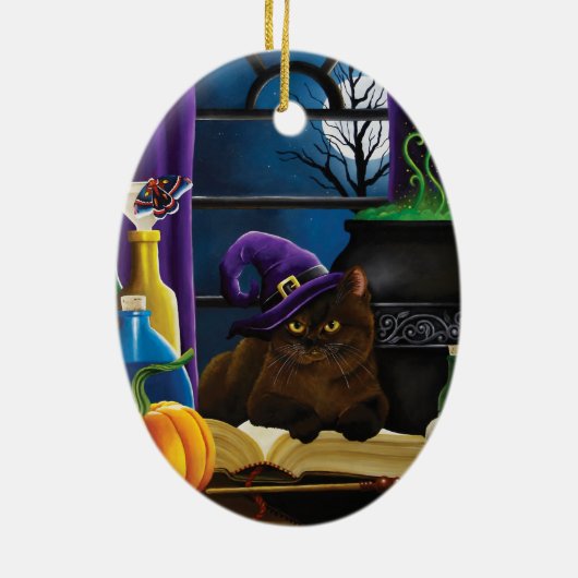 Halloween Heks Kat Paarse Magic Keramisch Ornament (Achterkant)