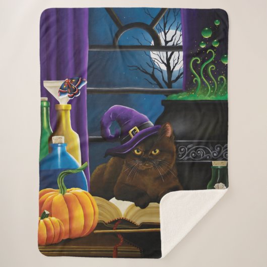 Halloween Heks Kat Paarse Magic Sherpa Deken (Voorkant)