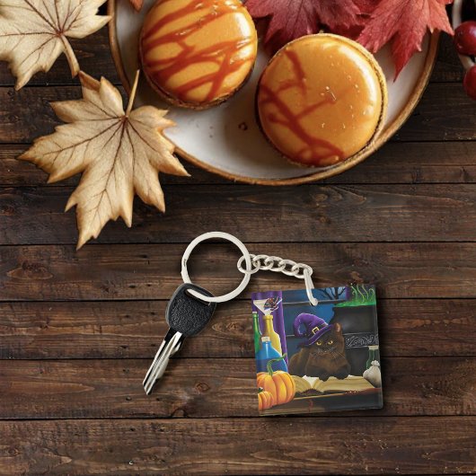Halloween Heks Kat Paarse Magic Sleutelhanger