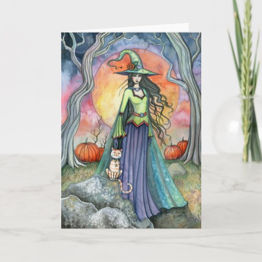 Halloween Heks Kat Pompoen Kaart (Voorkant)