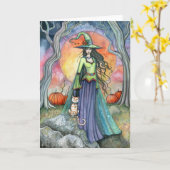 Halloween Heks Kat Pompoen Kaart (Gele Bloem)