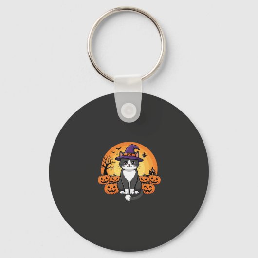 Halloween Heks Kat Pompoen Maan Ontwerp_1 Sleutelhanger (Voorkant)