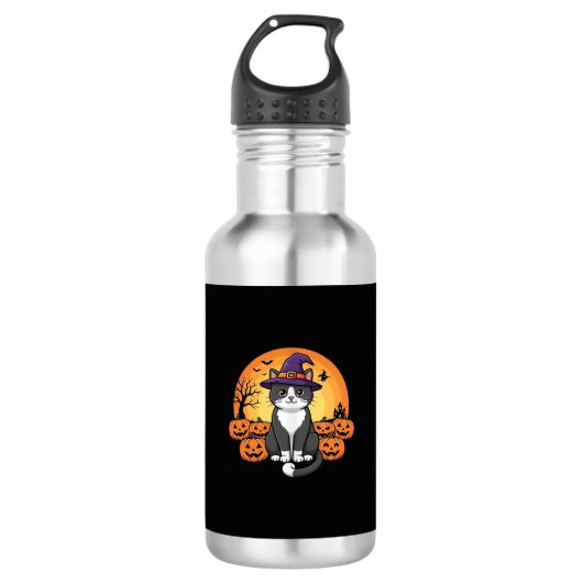 Halloween Heks Kat Pompoen Maan Ontwerp_1 Waterfles (Voorkant)