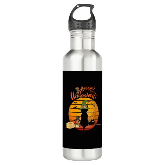 Halloween heks kat Pompoen Skeleton Bat eng Waterfles (Voorkant)
