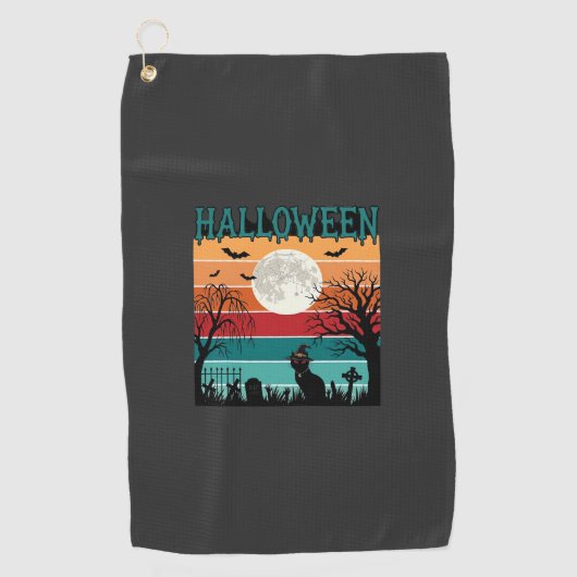Halloween Heks Kat Spinnenweb Maan Kerkhof_1_1 Golfhanddoek (Voorkant)