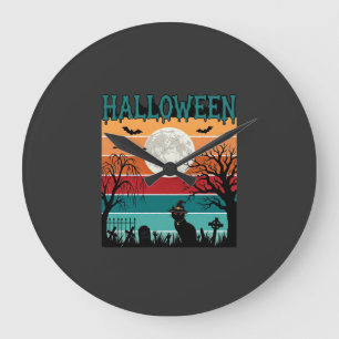 Halloween Heks Kat Spinnenweb Maan Kerkhof_1_1 Grote Klok