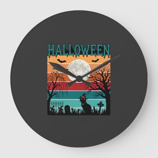 Halloween Heks Kat Spinnenweb Maan Kerkhof_1_1 Grote Klok (Voorkant)