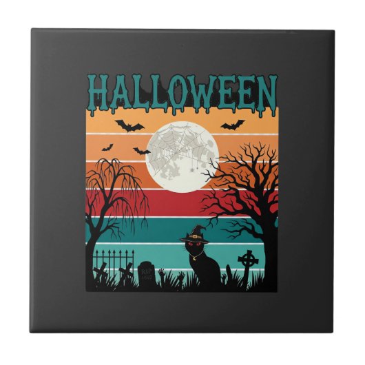Halloween Heks Kat Spinnenweb Maan Kerkhof_1_1 Tegeltje (Voorkant)