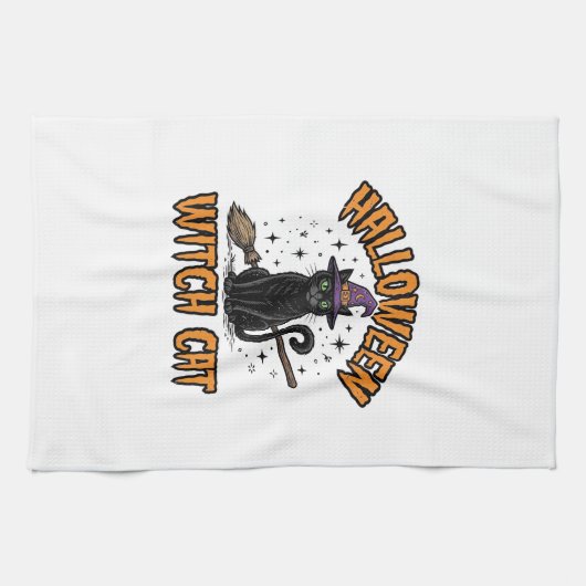 Halloween Heks Kat Vintage Gravure Design_1 Theedoek (Horizontaal)