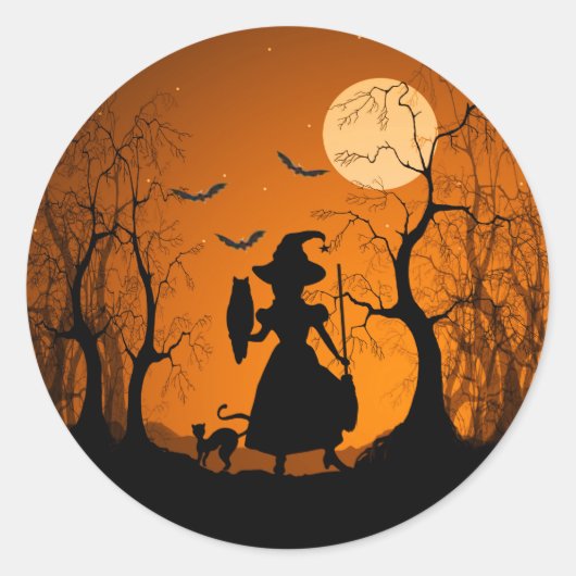 Halloween Heks Kat Vleermuizen en Maan Ronde Sticker (Voorkant)