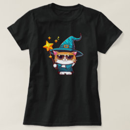 Halloween Heks Katten Holding Magic Wand Sterren T-shirt