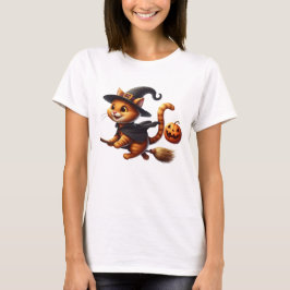 Halloween Heks Katten Riding Broomstick Pompoen T-shirt