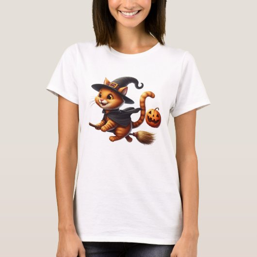 Halloween Heks Katten Riding Broomstick Pompoen T-shirt (Voorkant)