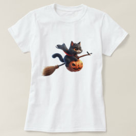 Halloween Heks Katten Riding Broomstick Pompoen T-shirt