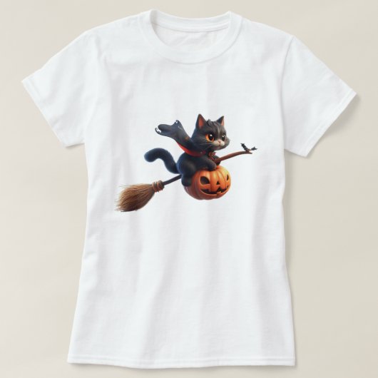 Halloween Heks Katten Riding Broomstick Pompoen T-shirt (Design voorkant)
