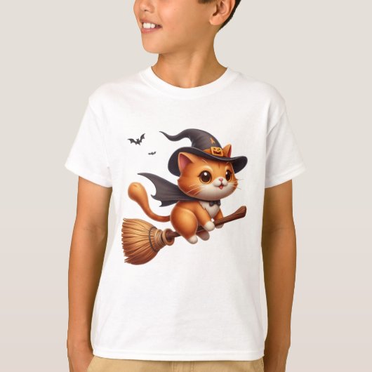 Halloween Heks Katten Rijden Broomstick Vleermuize T-shirt (Voorkant)
