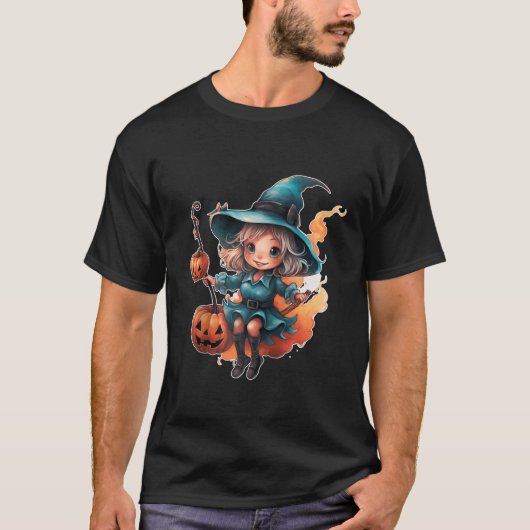 Halloween Heks Kostuum Pompoen Bezem Waterverf Z T-shirt (Voorkant)