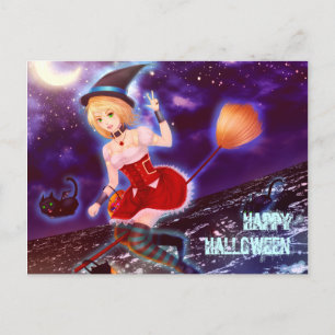 Halloween-heks-meisje met vliegende katten Briefkaart