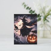 Halloween Heks met bezem en kat Briefkaart (Staand voorkant)