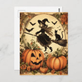 Halloween Heks met bezem en kat Briefkaart (Voorkant / Achterkant)