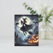 Halloween Heks met bezem en kat Briefkaart (Staand voorkant)