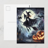 Halloween Heks met bezem en kat Briefkaart (Voorkant / Achterkant)